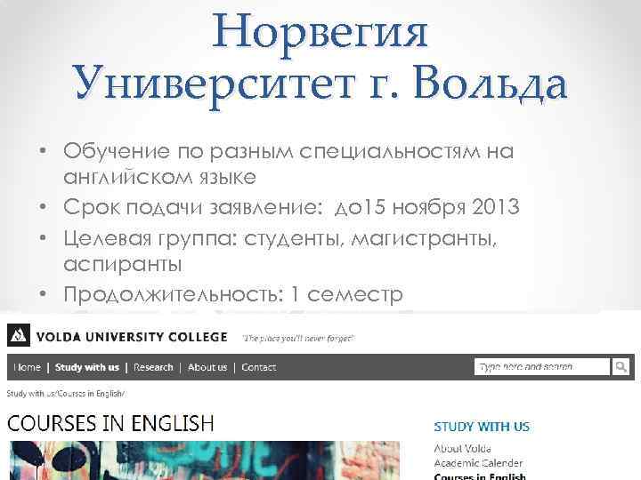 Норвегия Университет г. Вольда • Обучение по разным специальностям на английском языке • Срок