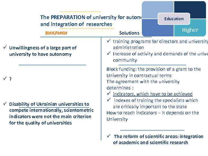 The PREPARATION of university for autonomy and integration of researches ВИКЛИКИ ü Unwillingness of