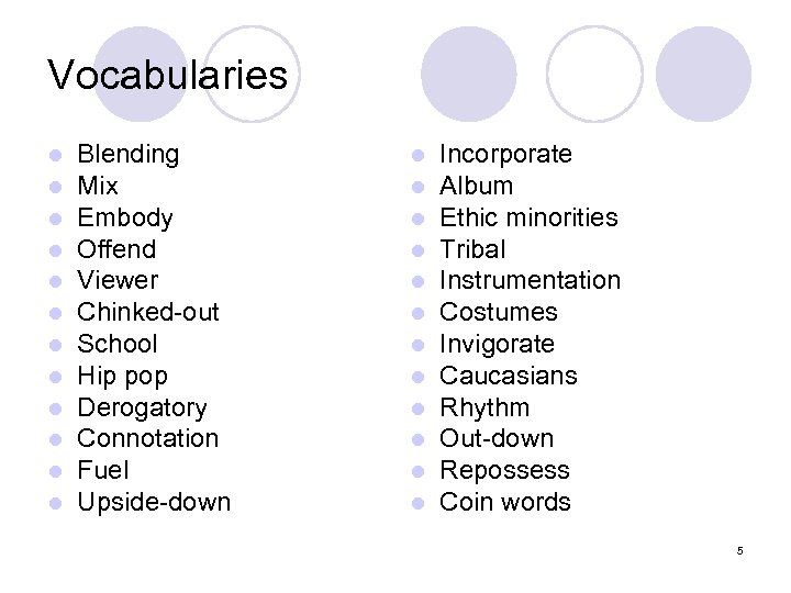 Vocabularies l l l Blending Mix Embody Offend Viewer Chinked-out School Hip pop Derogatory