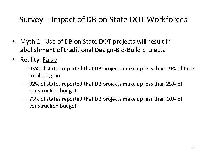 Survey – Impact of DB on State DOT Workforces • Myth 1: Use of