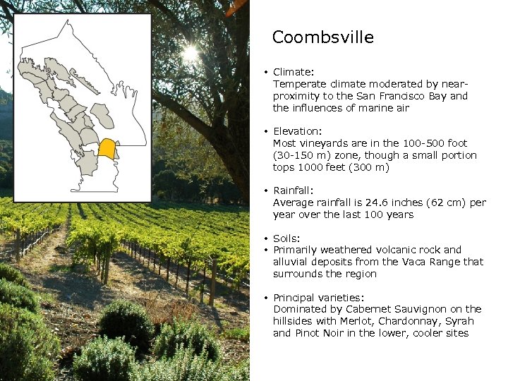 Coombsville • Climate: Temperate climate moderated by nearproximity to the San Francisco Bay and