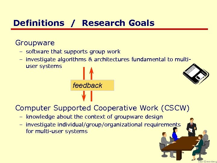 Definitions / Research Goals Groupware – software that supports group work – investigate algorithms