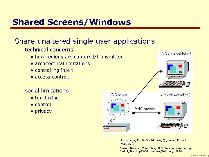 Shared Screens/Windows Share unaltered single user applications – technical concerns • • how regions