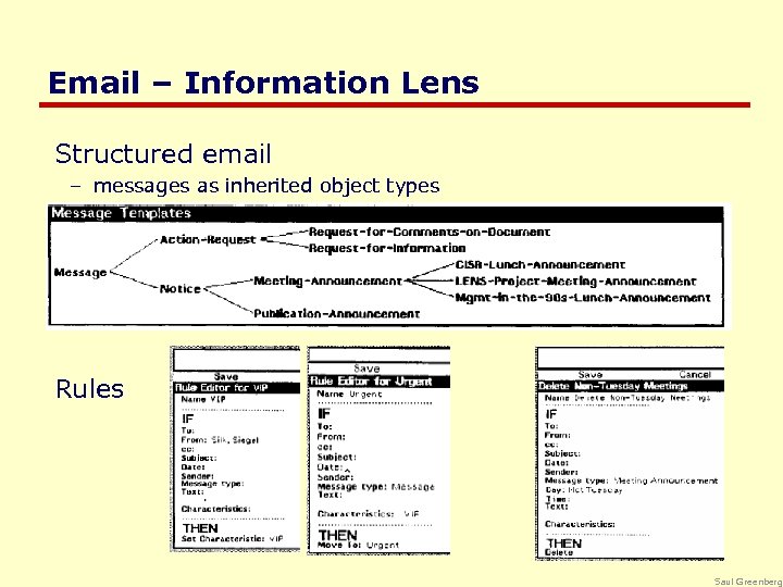 Email – Information Lens Structured email – messages as inherited object types Rules Saul