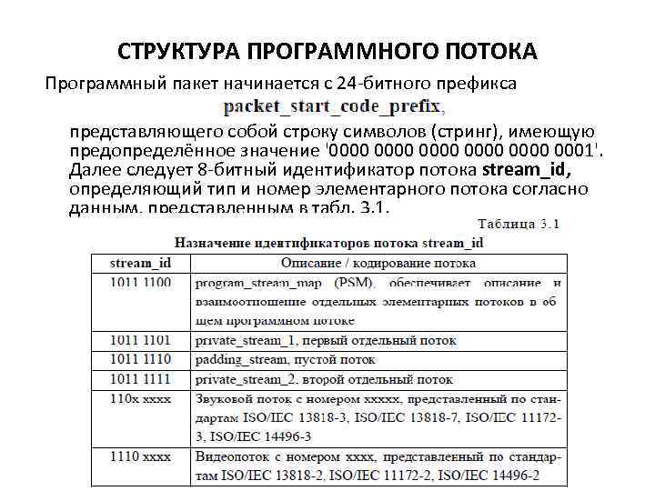 СТРУКТУРА ПРОГРАММНОГО ПОТОКА Программный пакет начинается с 24 -битного префикса представляющего собой строку символов