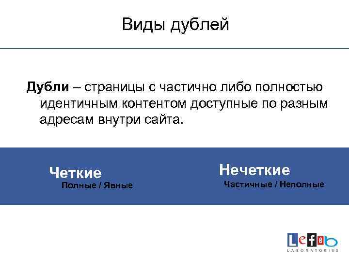 Виды дублей Дубли – страницы с частично либо полностью идентичным контентом доступные по разным