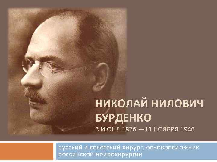 НИКОЛАЙ НИЛОВИЧ БУРДЕНКО 3 ИЮНЯ 1876 — 11 НОЯБРЯ 1946 русский и советский хирург,