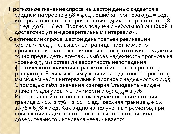 Прогнозное значение спроса на шестой день ожидается в среднем на уровне 3, 98 =