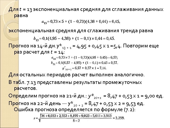 Для t = 13 экспоненциальная средняя для сглаживания данных равна экспоненциальная средняя для сглаживания