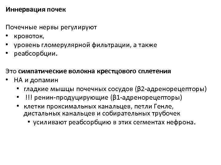 Иннервация почек Почечные нервы регулируют • кровоток, • уровень гломерулярной фильтрации, а также •