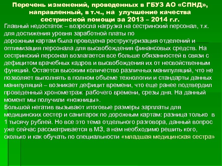 Перечень изменений, проведенных в ГБУЗ АО «СПНД» , направленный, в т. ч. , на