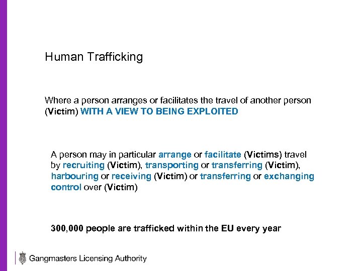 Human Trafficking Where a person arranges or facilitates the travel of another person (Victim)