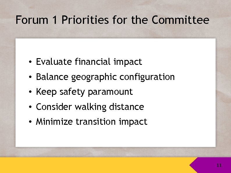 Forum 1 Priorities for the Committee • Evaluate financial impact • Balance geographic configuration