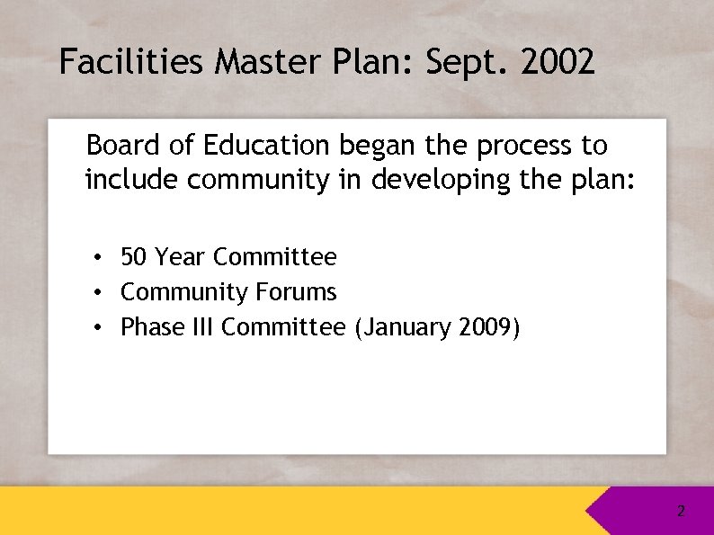 Facilities Master Plan: Sept. 2002 Board of Education began the process to include community