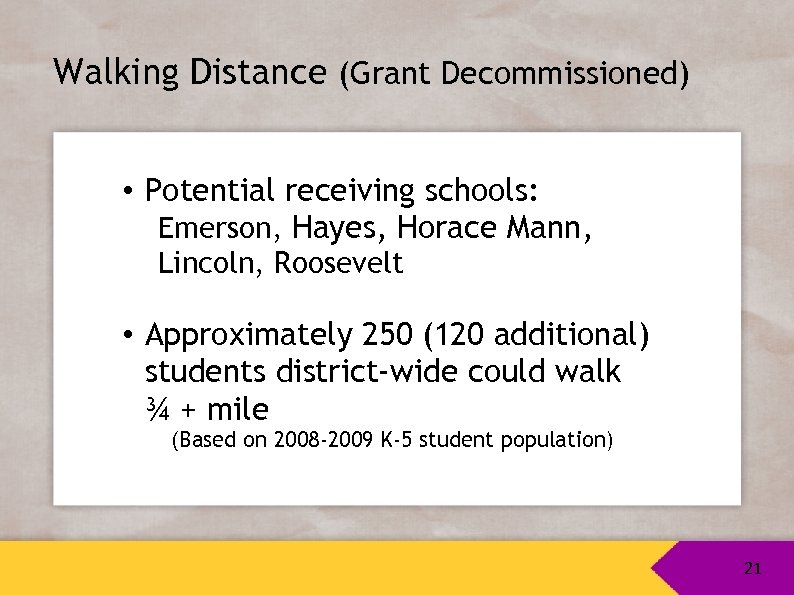 Walking Distance (Grant Decommissioned) • Potential receiving schools: Emerson, Hayes, Horace Mann, Lincoln, Roosevelt