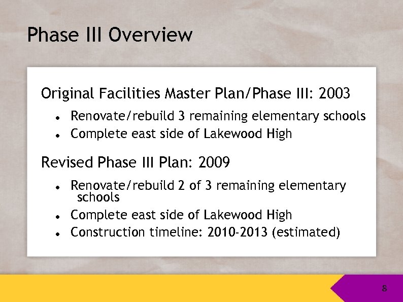 Phase III Overview Original Facilities Master Plan/Phase III: 2003 Renovate/rebuild 3 remaining elementary schools