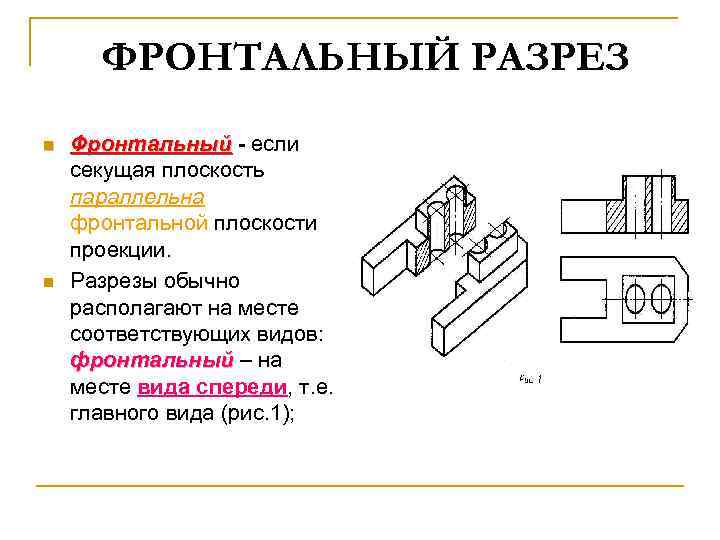 ФРОНТАЛЬНЫЙ РАЗРЕЗ n n Фронтальный - если секущая плоскость параллельна фронтальной плоскости проекции. Разрезы