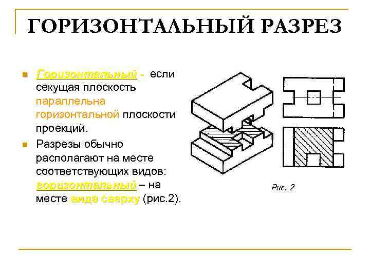 ГОРИЗОНТАЛЬНЫЙ РАЗРЕЗ n n Горизонтальный - если секущая плоскость параллельна горизонтальной плоскости проекций. Разрезы