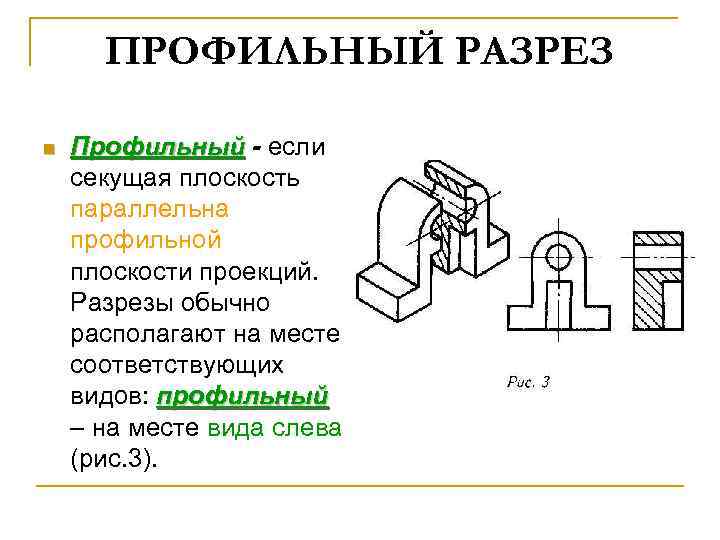 ПРОФИЛЬНЫЙ РАЗРЕЗ n Профильный - если секущая плоскость параллельна профильной плоскости проекций. Разрезы обычно