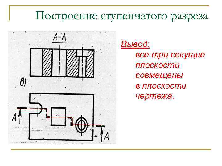 Построение ступенчатого разреза Вывод: все три секущие плоскости совмещены в плоскости чертежа. 