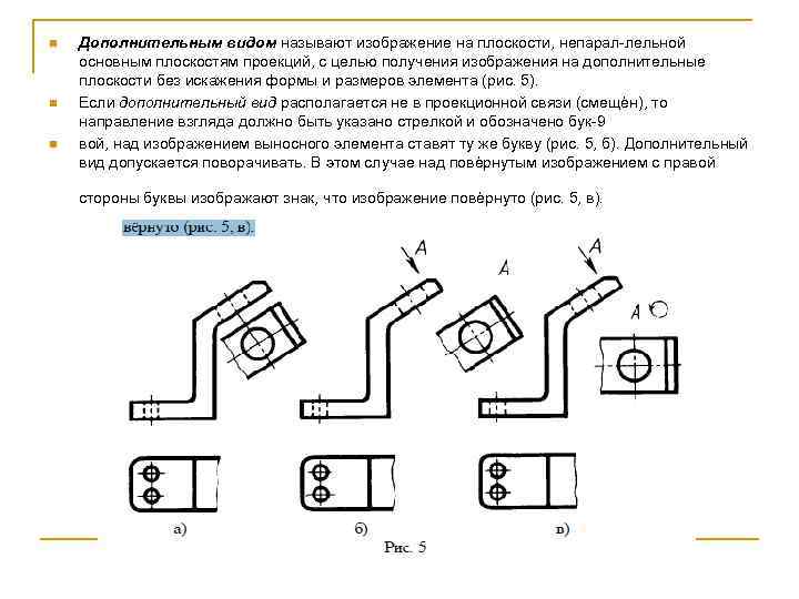 n n n Дополнительным видом называют изображение на плоскости, непарал-лельной основным плоскостям проекций, с