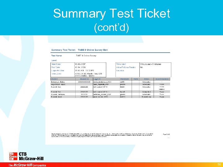 Summary Test Ticket (cont’d) 18 