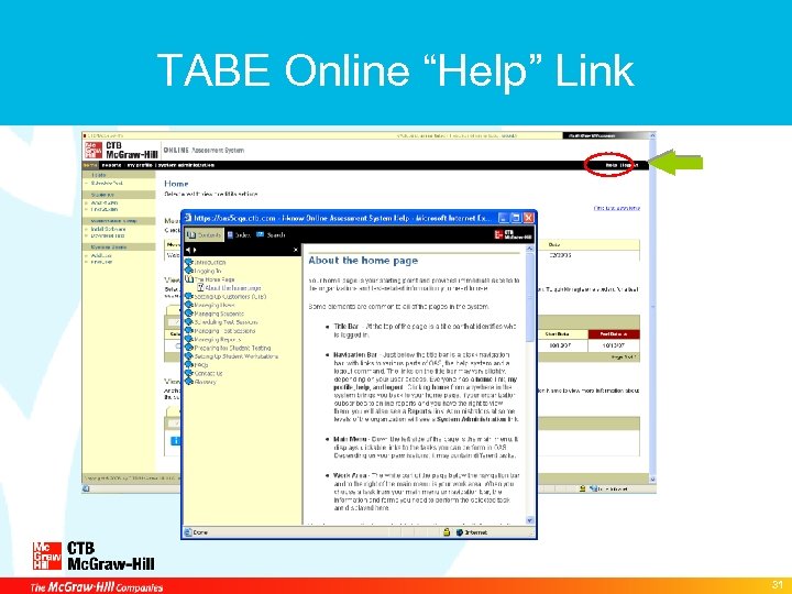 TABE Online “Help” Link 31 