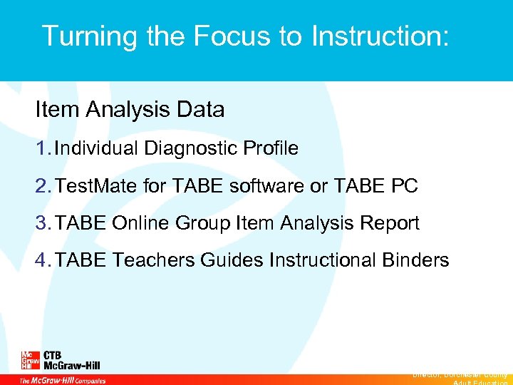 Turning the Focus to Instruction: Item Analysis Data 1. Individual Diagnostic Profile 2. Test.