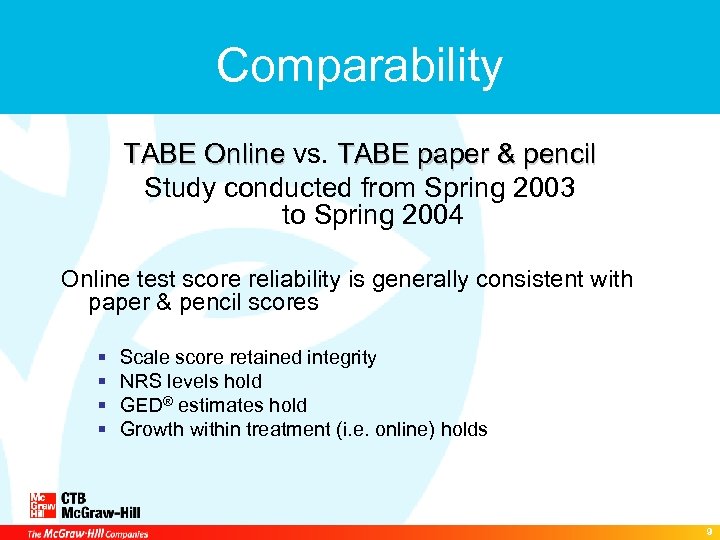 Comparability TABE Online vs. TABE paper & pencil TABE Online Study conducted from Spring