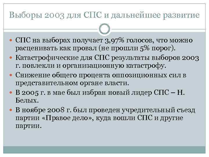 Выборы 2003 для СПС и дальнейшее развитие СПС на выборах получает 3, 97% голосов,