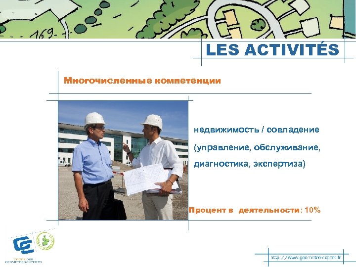LES ACTIVITÉS Многочисленные компетенции недвижимость / совладение (управление, обслуживание, диагностика, экспертиза) Процент в деятельности: