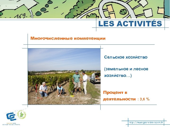 LES ACTIVITÉS Многочисленные компетенции Сельское хозяйство (земельное и лесное хозяйство…) Процент в деятельности :