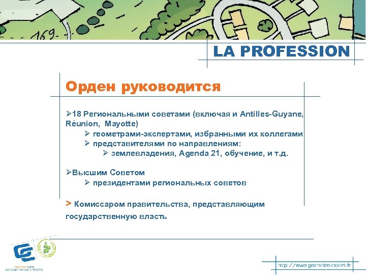 LA PROFESSION Орден руководится Ø 18 Региональными советами (включая и Antilles-Guyane, Réunion, Mayotte) Ø