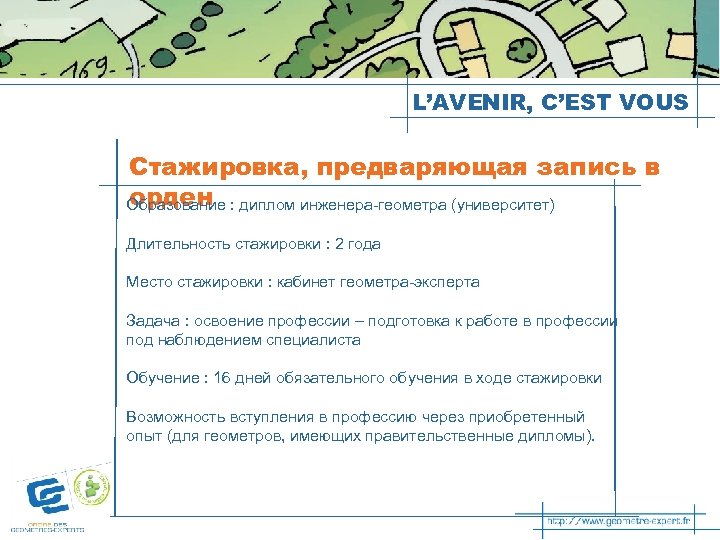 L’AVENIR, C’EST VOUS Стажировка, предваряющая запись в орден Образование : диплом инженера-геометра (университет) Длительность