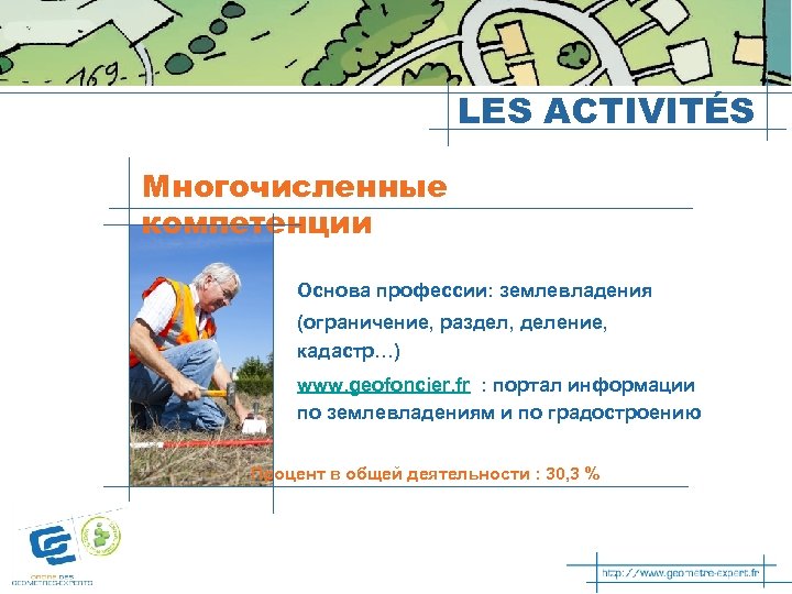 LES ACTIVITÉS Многочисленные компетенции Основа профессии: землевладения (ограничение, раздел, деление, кадастр…) www. geofoncier. fr
