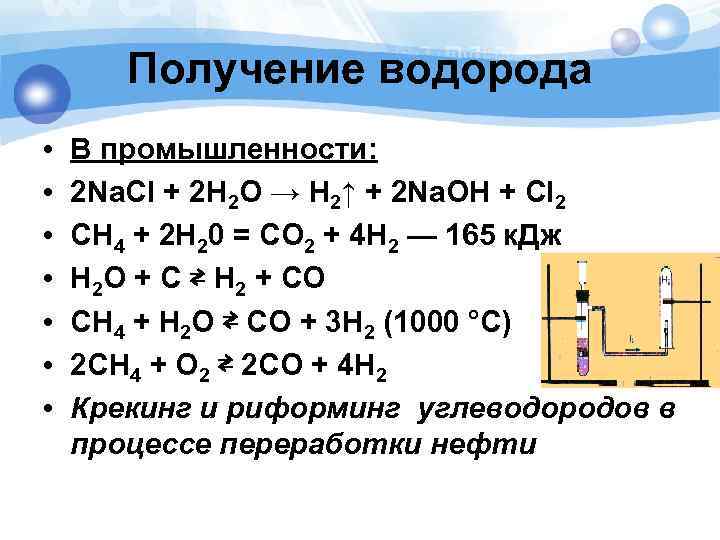 Получение водорода • • В промышленности: 2 Na. Cl + 2 H 2 O