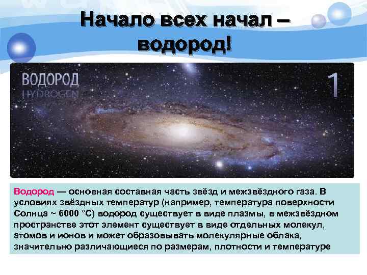 Начало всех начал – водород! Водород — основная составная часть звёзд и межзвёздного газа.