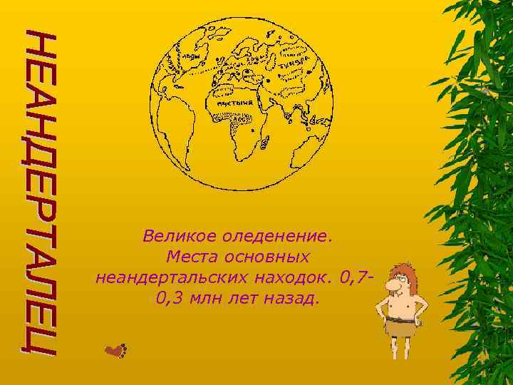 Великое оледенение. Места основных неандертальских находок. 0, 70, 3 млн лет назад. 