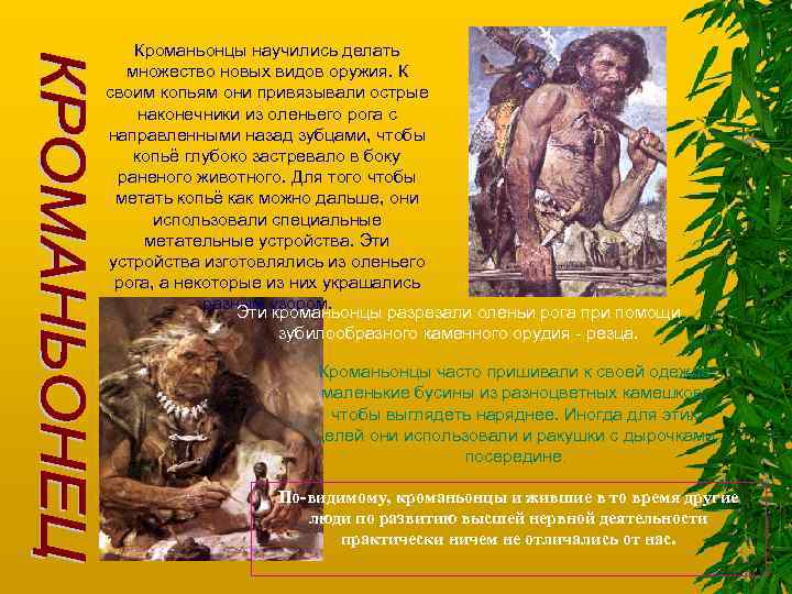 Кроманьонцы научились делать множество новых видов оружия. К своим копьям они привязывали острые наконечники