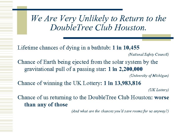 We Are Very Unlikely to Return to the Double. Tree Club Houston. Lifetime chances
