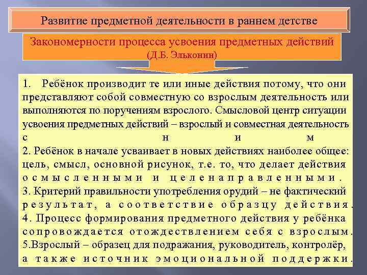 Развитие предметной деятельности в раннем детстве Закономерности процесса усвоения предметных действий (Д. Б. Эльконин)