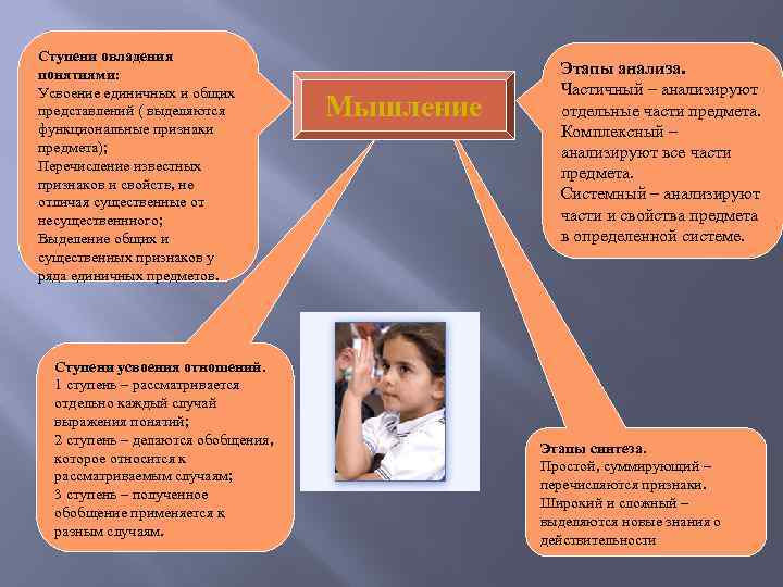 Ступени овладения понятиями: Усвоение единичных и общих представлений ( выделяются функциональные признаки предмета); Перечисление
