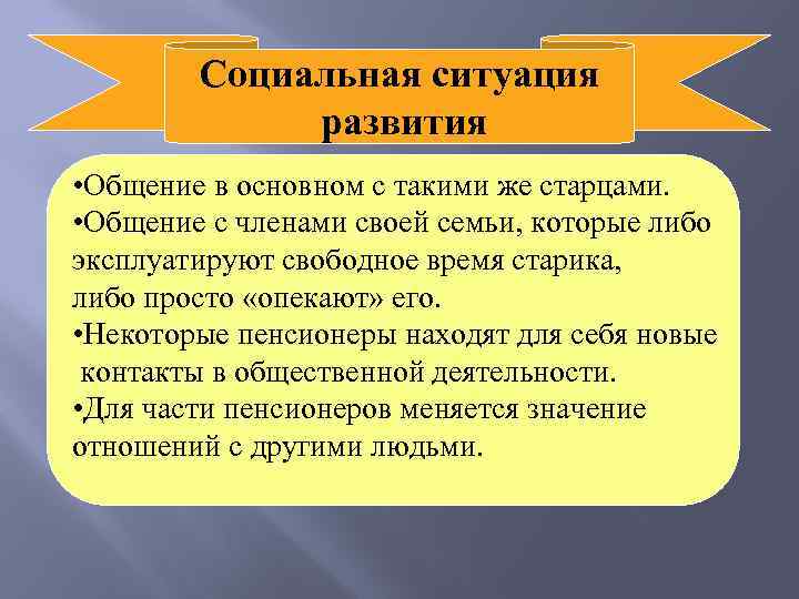 Социальная ситуация развития • Общение в основном с такими же старцами. • Общение с