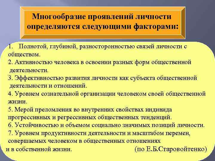 Многообразие проявлений личности определяются следующими факторами: 1. Полнотой, глубиной, разносторонностью связей личности с обществом.