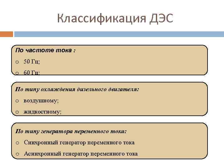 Классификация ДЭС По частоте тока : o 50 Гц; o 60 Гц; По типу