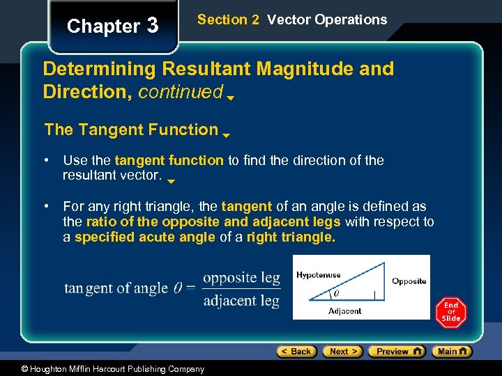 Chapter 3 Section 2 Vector Operations Determining Resultant Magnitude and Direction, continued The Tangent