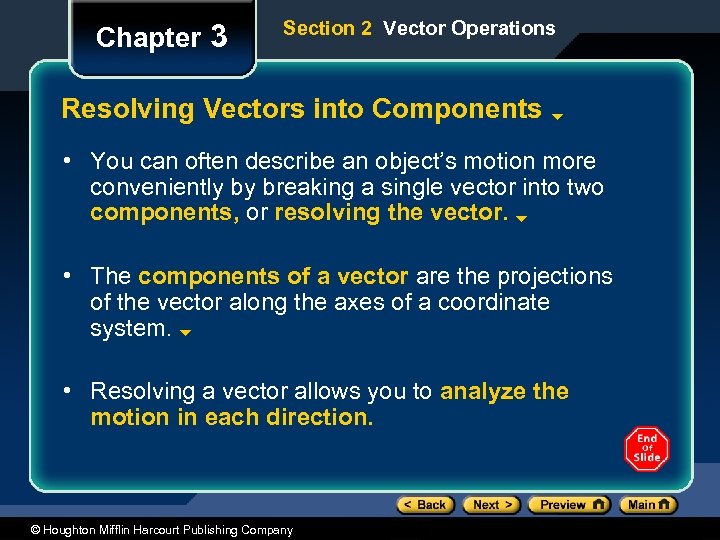 Chapter 3 Section 2 Vector Operations Resolving Vectors into Components • You can often