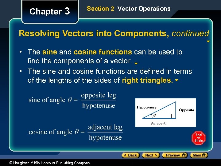Chapter 3 Section 2 Vector Operations Resolving Vectors into Components, continued • The sine