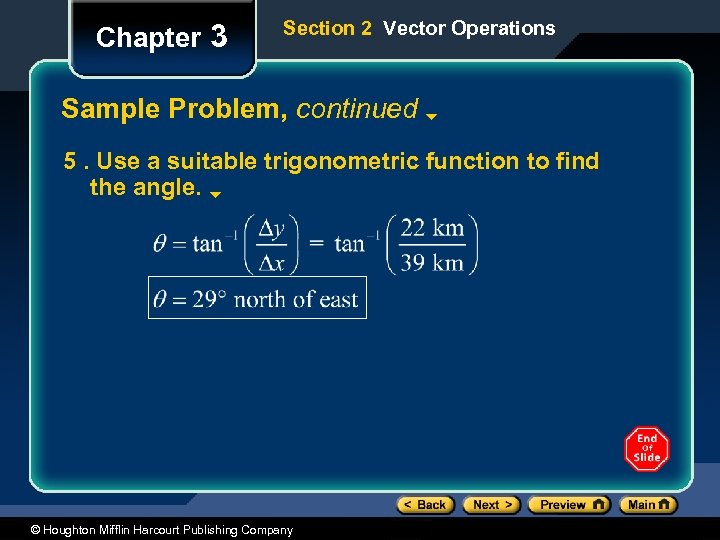 Chapter 3 Section 2 Vector Operations Sample Problem, continued 5. Use a suitable trigonometric