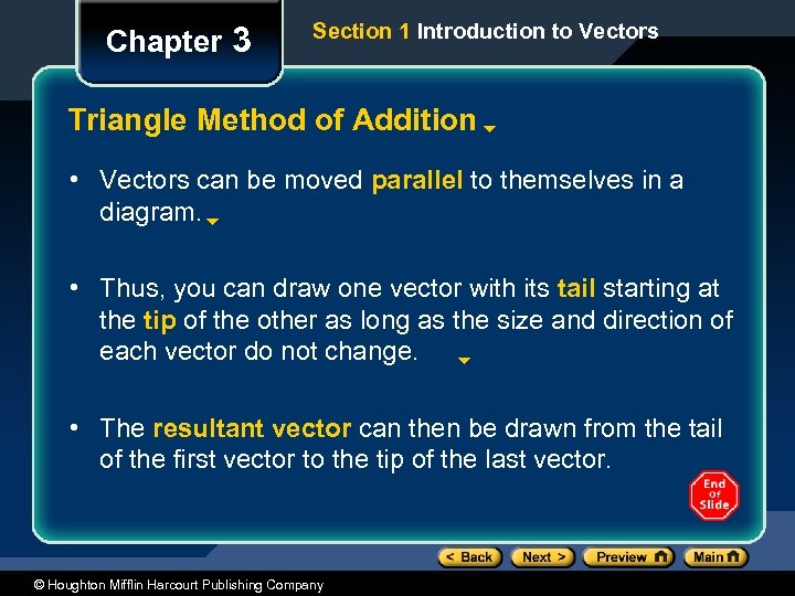 Chapter 3 Section 1 Introduction to Vectors Triangle Method of Addition • Vectors can